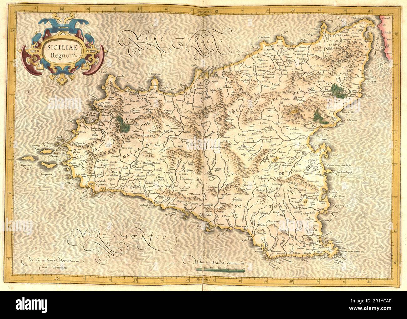 Atlas, mappa dal 1623, Sicilia, Italia, riproduzione restaurata digitalmente da un'incisione di Gerhard Mercator, nato come Gheert Cremer, 5 marzo 1512 - 2 dicembre 1594, geografo e cartografo / Landkarte aus dem Jahre 1623, Sizilien, Italien, restaurierte digitale Reproduktion von einem Kupferstich von Gerhard Mercator, Gheert Mercator 5. März 1512 - 2. Dezember 1594, Geograph und Kartographf Foto Stock