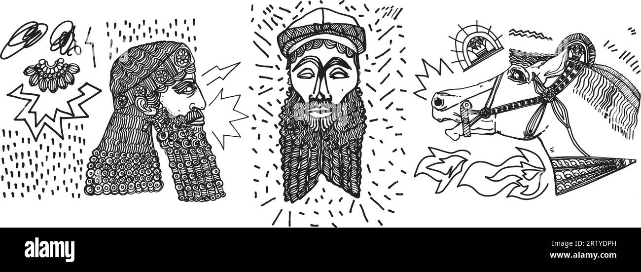 Risorse grafiche di illustrazioni di ispirazione mesopotamiana disegnate a mano. Illustrazione di sculture di linea classiche per stampe di magliette, poster, adesivi Illustrazione Vettoriale