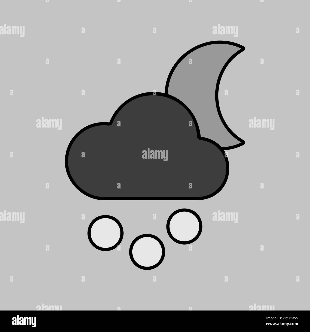 Icona della scala di grigi del vettore della grana della neve nella nuvola lunare. Segno meteorologico. Simbolo grafico per siti Web di viaggi, turismo e meteo e design di app, logo, app, UI Illustrazione Vettoriale