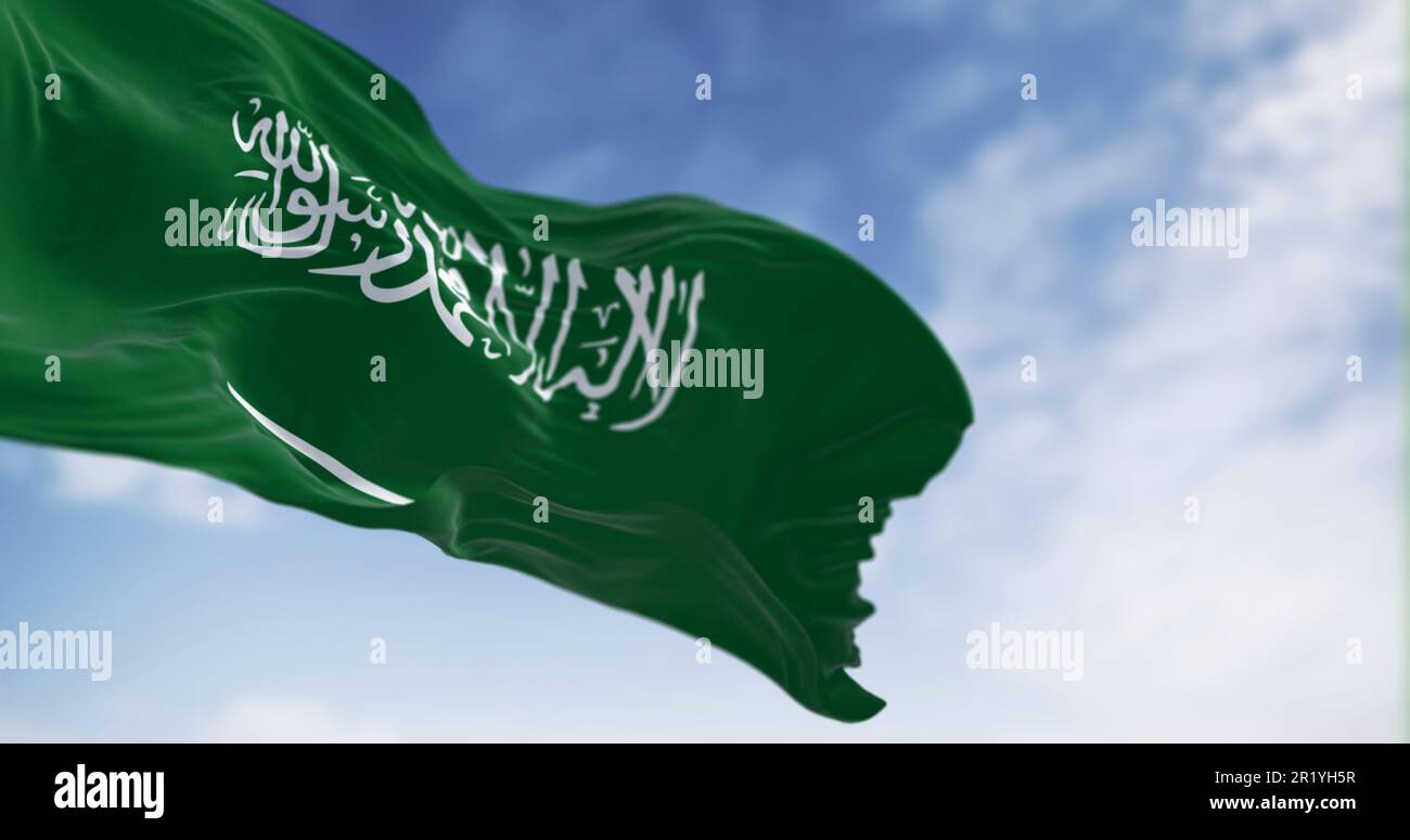 La bandiera nazionale dell'Arabia Saudita sventola al vento in una giornata limpida. Campo verde con Shahada e spada nello script di Thuluth. Tessuto svolazzante. illustrazione 3d Foto Stock