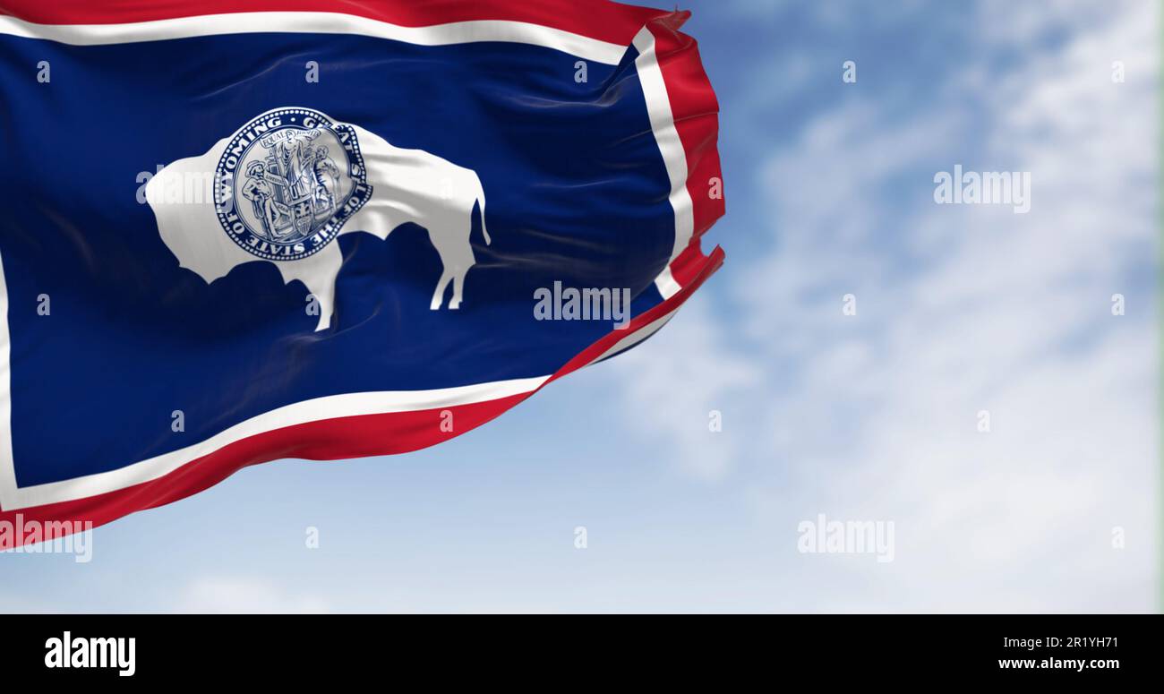 La bandiera dello stato del Wyoming sventola in una giornata limpida. Silhouette bisonte. Rosso per nativi americani e pionieri. Bianco per la purezza. Blu per il cielo, la fedeltà, la giustizia. Foto Stock