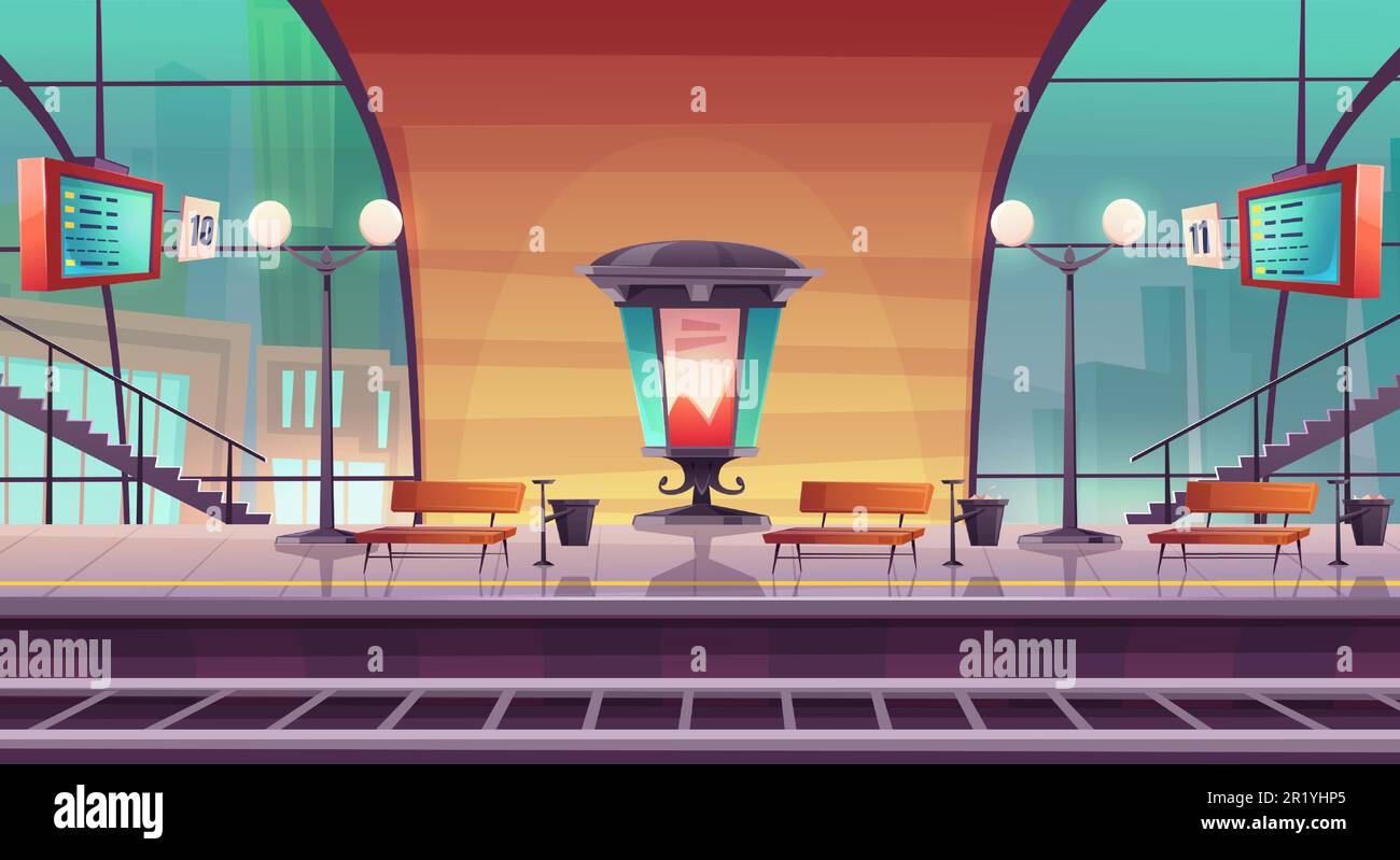 Stazione ferroviaria, piattaforma ferroviaria vuota per treno con cupola di vetro, colonna di cartellone morris, tavole di arrivo e panche, area di attesa passeggeri, trasporto pubblico Cartoon vettore illustrazione Illustrazione Vettoriale