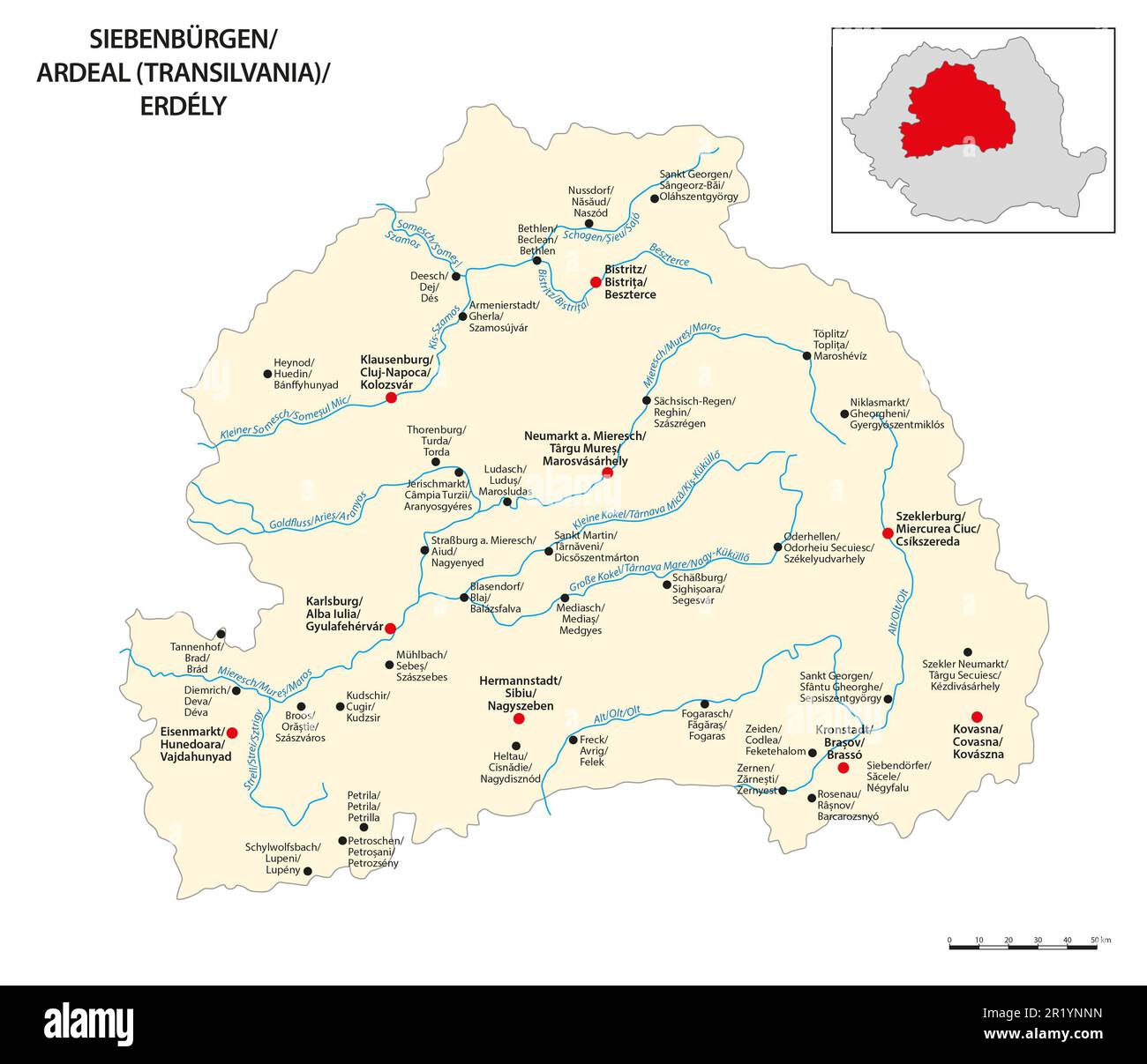 Mappa vettoriale dell'area storica e geografica Transilvania, Romania Foto Stock