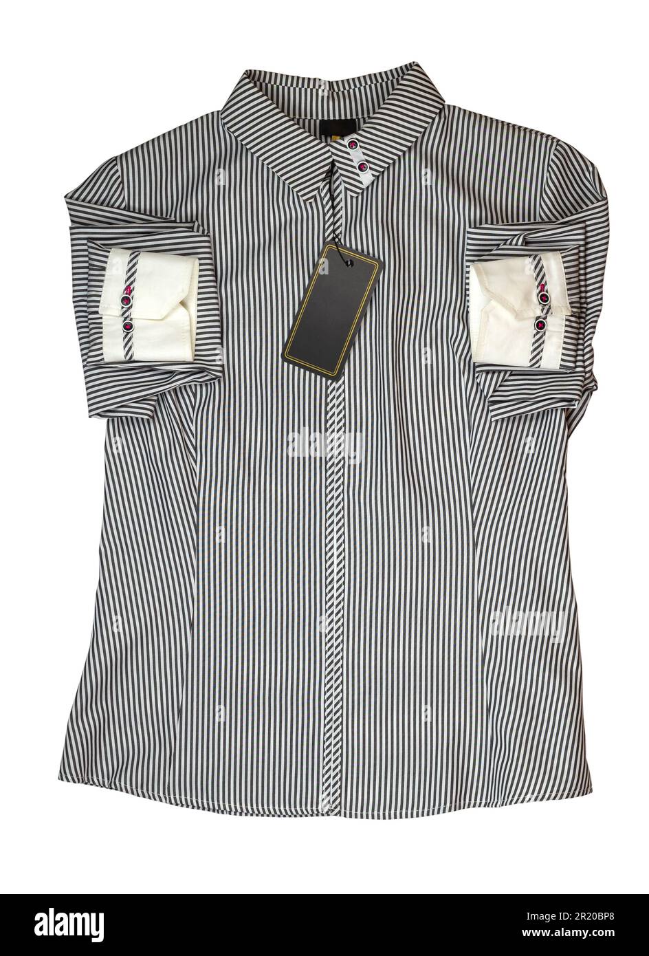 Nero e bianco elegante camicia per donna d'affari con un'etichetta vuota, isolata Foto Stock