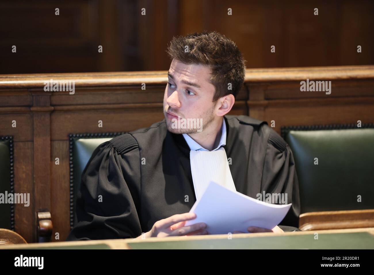 Namur, Belgio. 16th maggio, 2023. L'avvocato Martin Mayence è stato raffigurato durante la composizione della giuria del processo di assise di M. Wattier, dinanzi alla Corte d'Assize della provincia di Namur, martedì 16 maggio 2023. Wattier è accusato dell'assassinio del suo nonno a Bruly-de-Pesche, Couvin, il 9th maggio 2020. FOTO DI BELGA BRUNO FAHY Credit: Agenzia Notizie di Belga/Alamy Live News Foto Stock