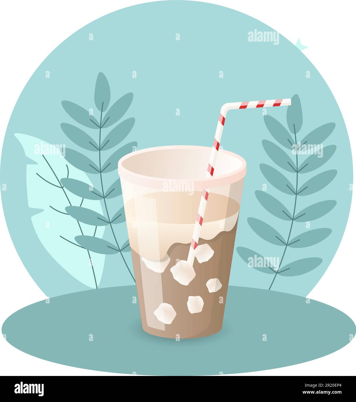 Illustrazione del caffè ghiacciato. Tazza, paglia, cubetto di ghiaccio, caffè. Disegno grafico vettoriale modificabile. Illustrazione Vettoriale