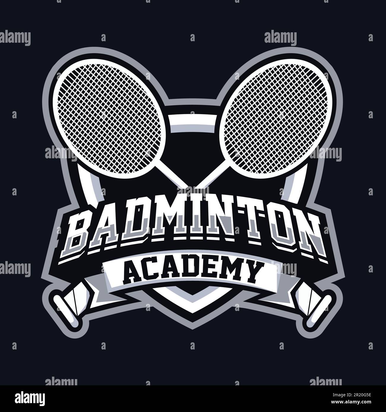 Badminton Academy Mascot Logo Design. Illustrazione del logo per mascotte o simboli e identità, emblema sportivo o squadra di gioco e-sports. Illustrazione Vettoriale