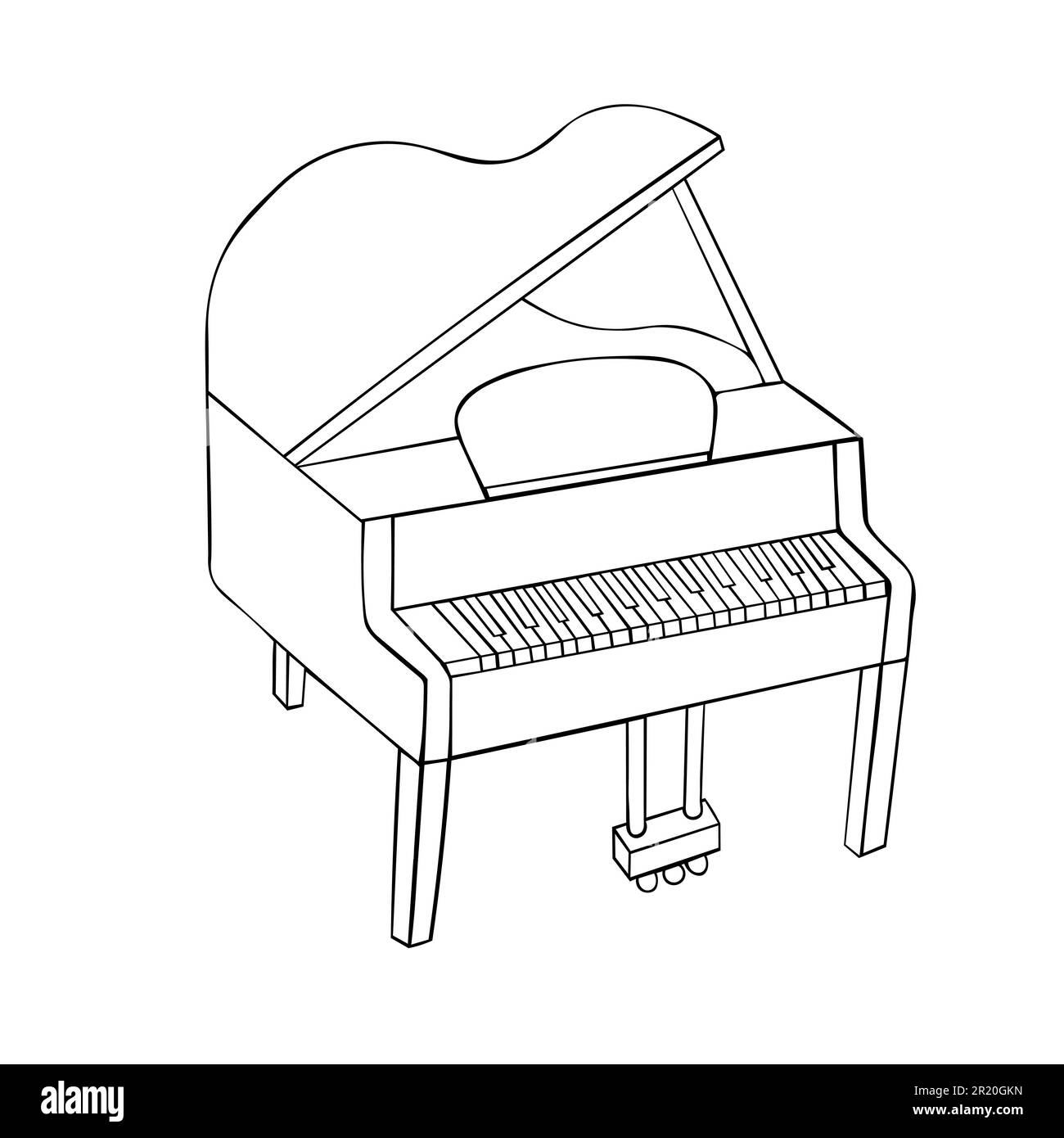 Pianoforte, pianoforte a coda. Musica, pianista. Strumento musicale. Moderna immagine vettoriale piatta isolata su sfondo bianco. Illustrazione Vettoriale