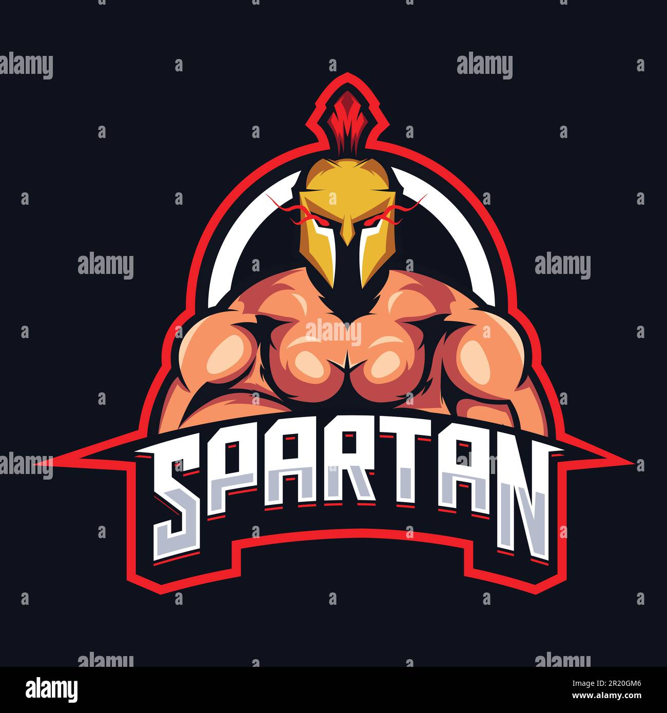 Design Spartan Mascot con logo. Illustrazione del logo per mascotte o simboli e identità, emblema sportivo o squadra di gioco e-sports. Illustrazione Vettoriale