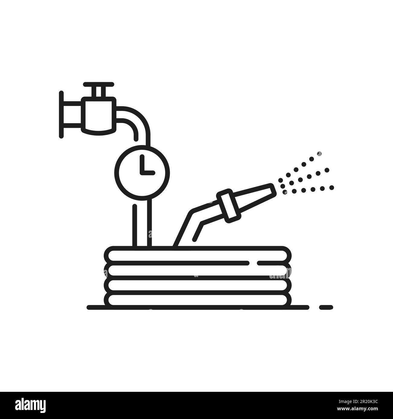 Tubo dell'acqua, sistema di irrigazione dei terreni agricoli icona. Sistema automatico di irrigazione giardini o tecnologia di irrigazione terreni agricoli icona vettoriale di linea. Farm acqua gocciolare spruzzando minimo segno o pittogramma Illustrazione Vettoriale