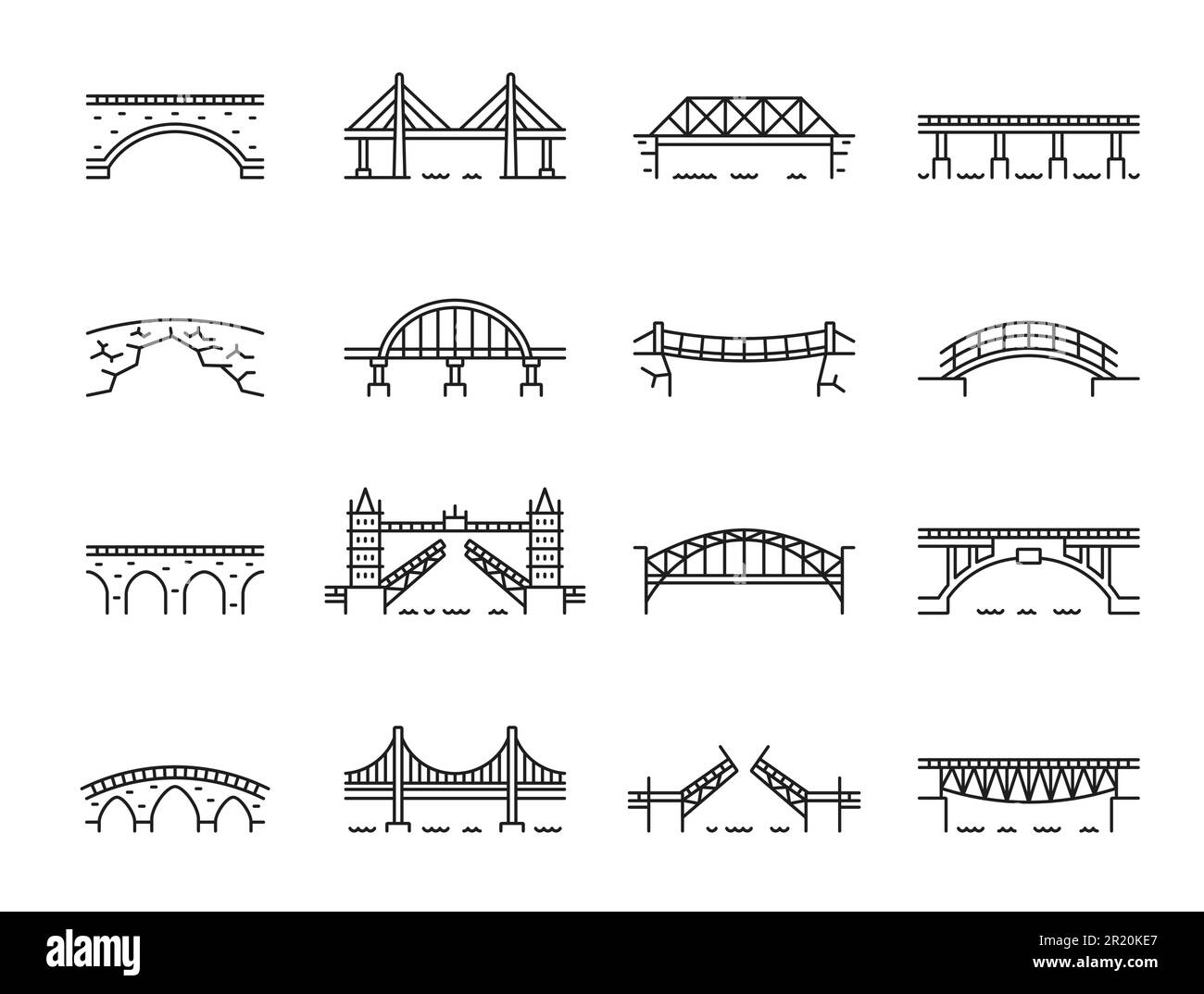 Icone dei ponti di linea, archi di viadotto su ponti di fiume o di ferrovia, simboli vettoriali. Costruzione e costruzione delineano le icone del ponte sospeso o del ponte levatoio della città e dell'architettura del cancello a torre Illustrazione Vettoriale