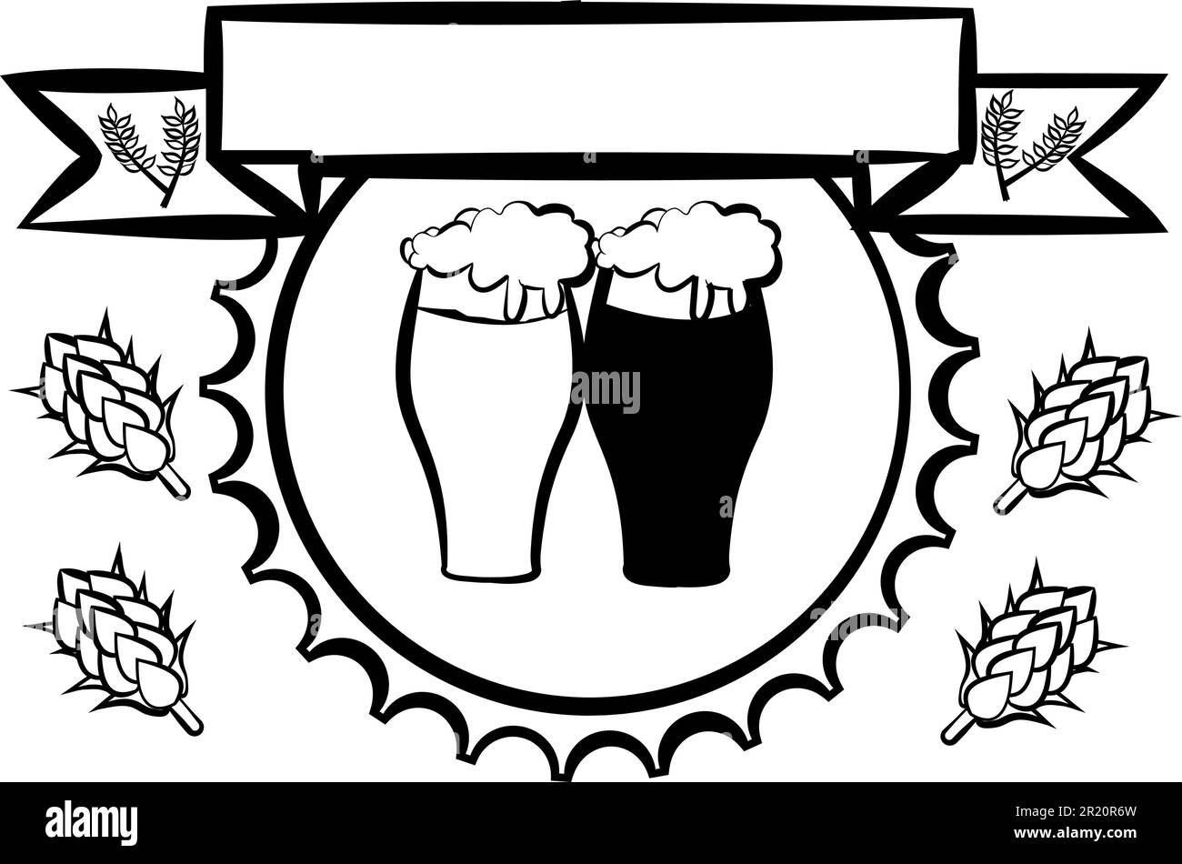 Etichetta per la birra, design per la pavimentazione del bar. Due bicchieri di birra con birra chiara e scura circondati da luppolo sono aggraffati all'interno del tappo di birra e nastro con Illustrazione Vettoriale