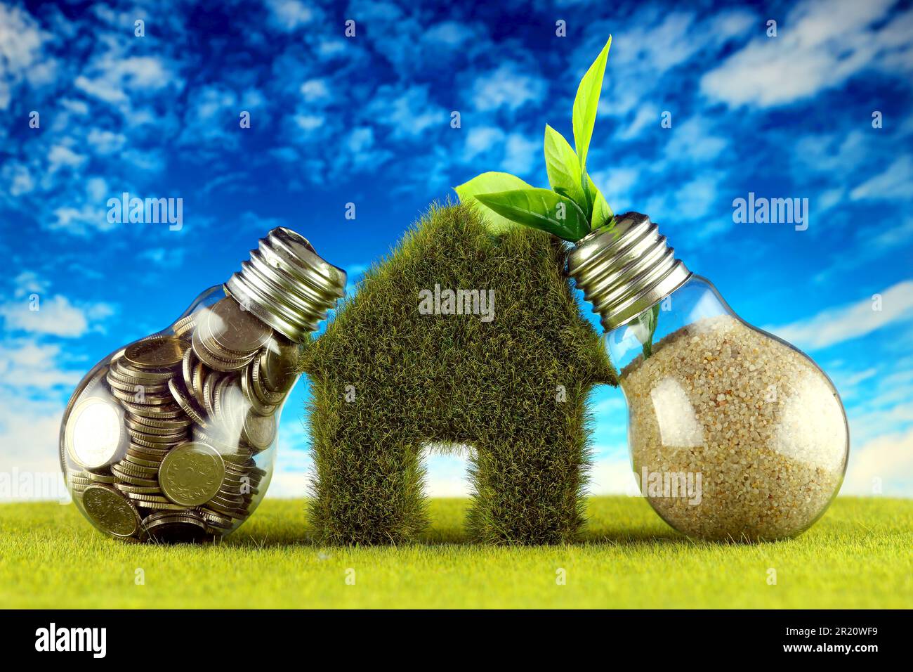 Monete all'interno della lampadina, pianta che cresce all'interno della lampadina e casa in miniatura con erba. Eco-verde energia rinnovabile concetto. Prezzo dell'elettricità Foto Stock