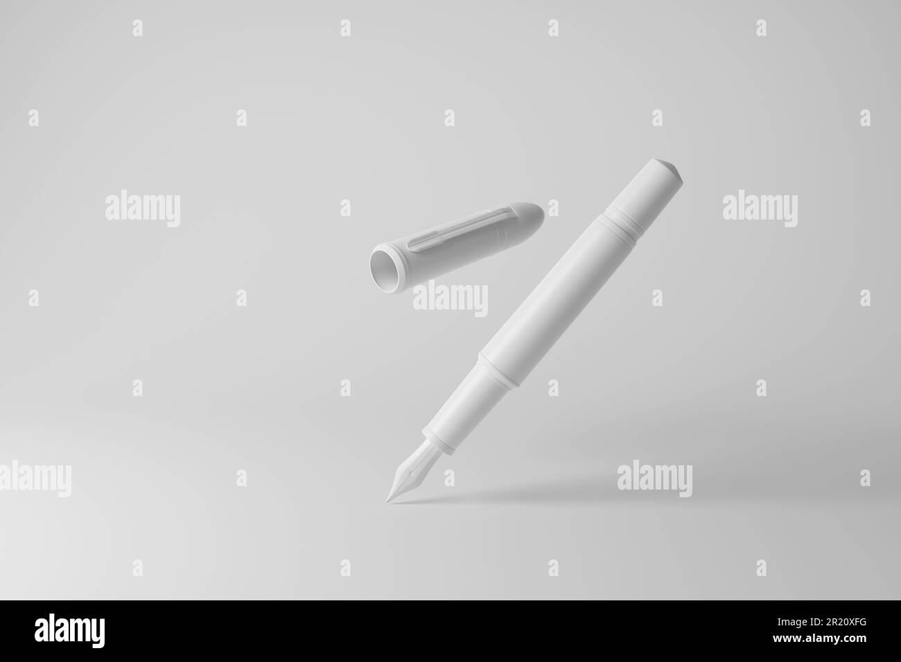 Penna con inchiostro a fontana bianco con cappuccio su sfondo bianco che forma un design monocromatico. Concetto di minimalismo, contratti di affari e uomo d'affari Foto Stock