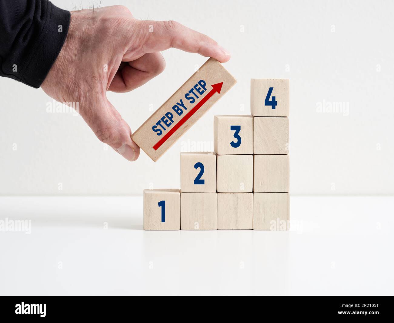 Concetto passo per passo. Realizzazione e progresso nel campo dell'attività, dell'istruzione o della carriera. La mano posiziona un blocco di legno con la parola passo per passo. Foto Stock