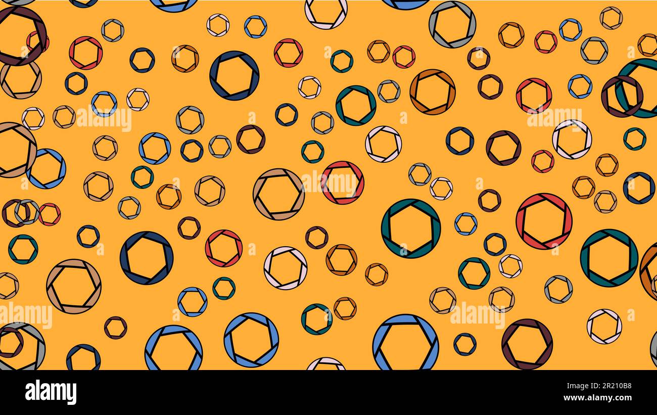 Brillante modello di motley texture senza cuciture di una moltitudine di diversi cerchi colorati di cerchi di diofragmi astratto scolpito in colori alla moda. Illustrazione Vettoriale