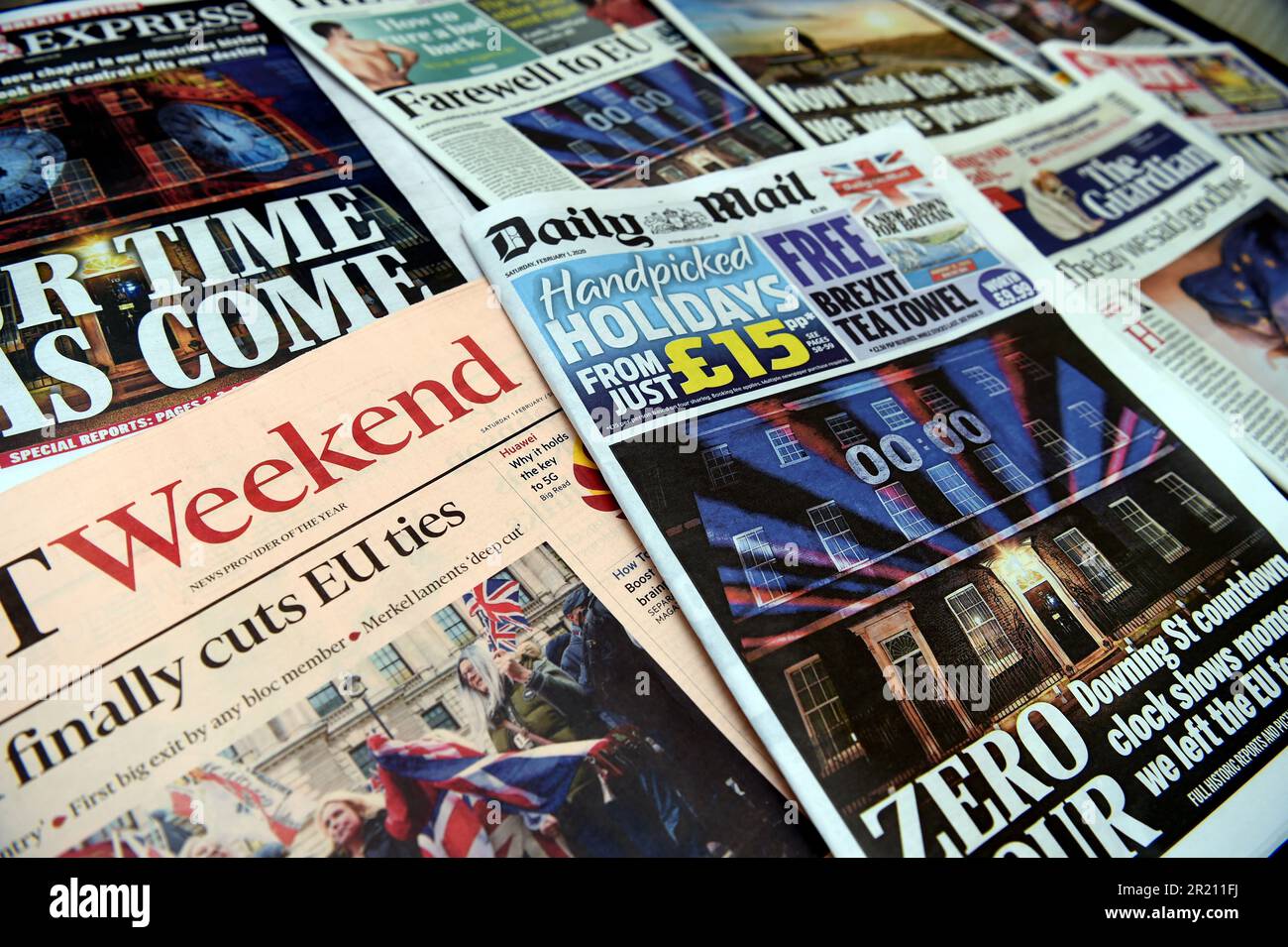 Fotografia di vari giornali britannici che riportano la Brexit. Foto Stock