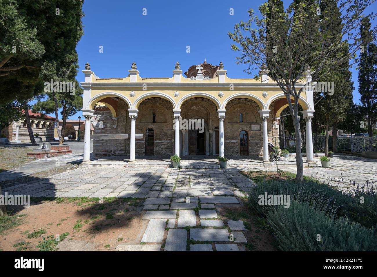 Monastero di Vlatades, storico tempio bizantino nella città alta di Salonicco, Grecia, patrimonio dell'umanità dell'UNESCO dal 1988, punto di riferimento e turismo d Foto Stock
