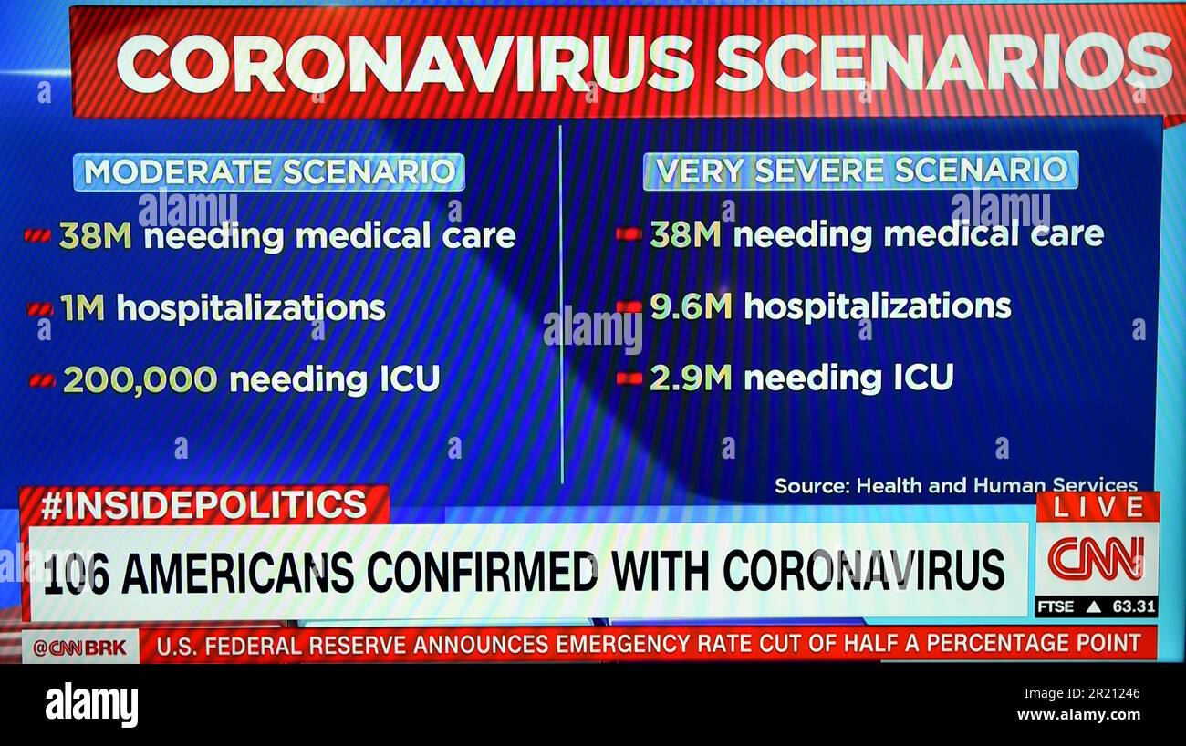 Uno screengrab dalla CNN che mostra i possibili scenari come il numero di coloro che soffrono e muoiono a causa del coronavirus COVID-19 aumento negli Stati Uniti [Martedì 03/03/2020]. Foto Stock