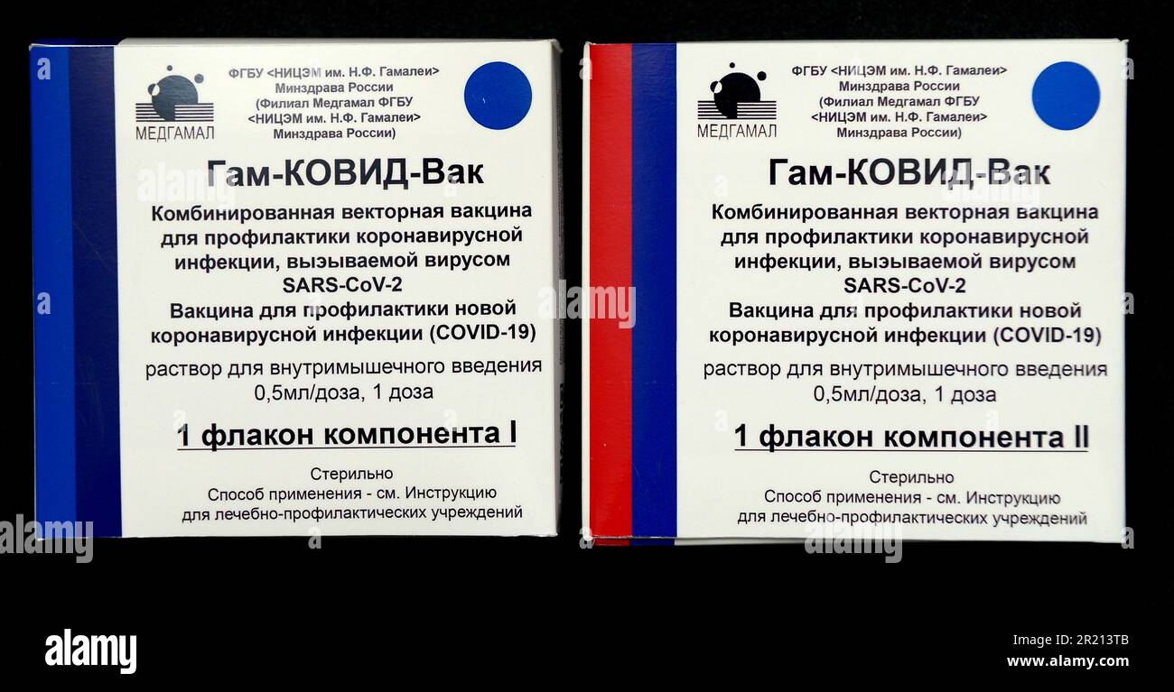 Sputnik V, un vaccino che mira a proteggere contro COVID-19. È stato sviluppato dall'Istituto di Ricerca di Epidemiologia e Microbiologia di Gamaleya. Registrato il 11 agosto 2020 dal Ministero della Salute Russo come Gam-COVID-Vac, Sputnik V è un vaccino vettore virale adenovirus. Maggio 2021. Foto Stock
