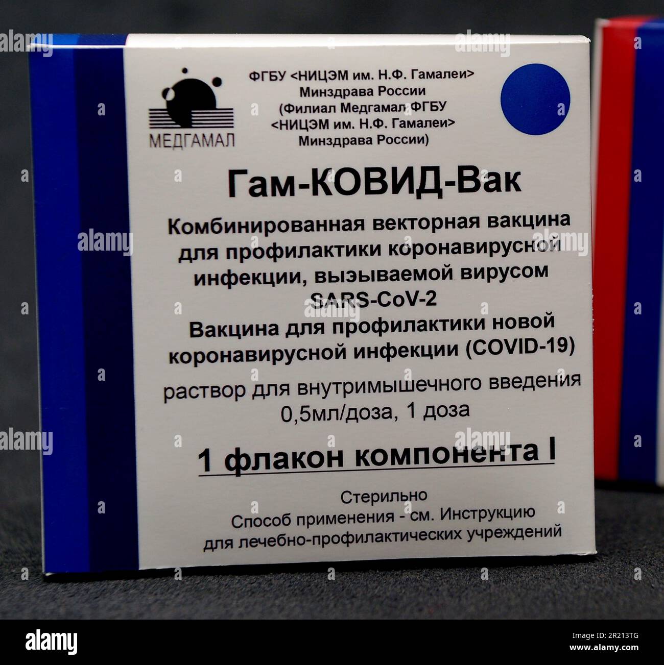 Sputnik V, un vaccino che mira a proteggere contro COVID-19. È stato sviluppato dall'Istituto di Ricerca di Epidemiologia e Microbiologia di Gamaleya. Registrato il 11 agosto 2020 dal Ministero della Salute Russo come Gam-COVID-Vac, Sputnik V è un vaccino vettore virale adenovirus. Maggio 2021. Foto Stock