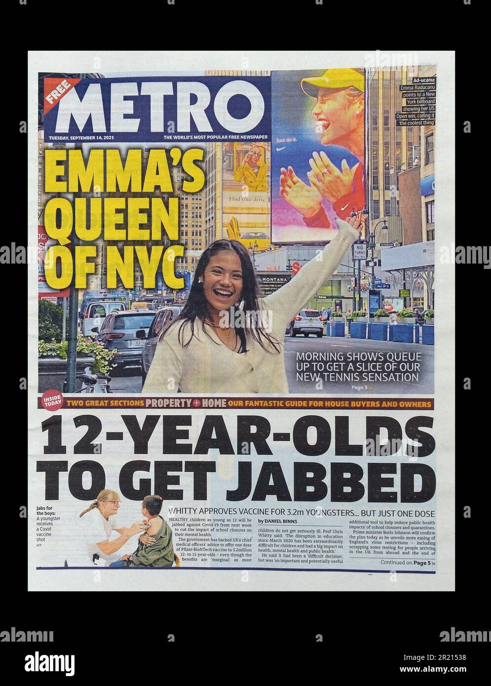 La metro di martedì 14th settembre 2021 riferisce sull'approvazione di lanciare i jab per i bambini di età compresa tra 12 e 15 anni in mezzo alla pandemia di coronavirus COVID-19. Foto Stock