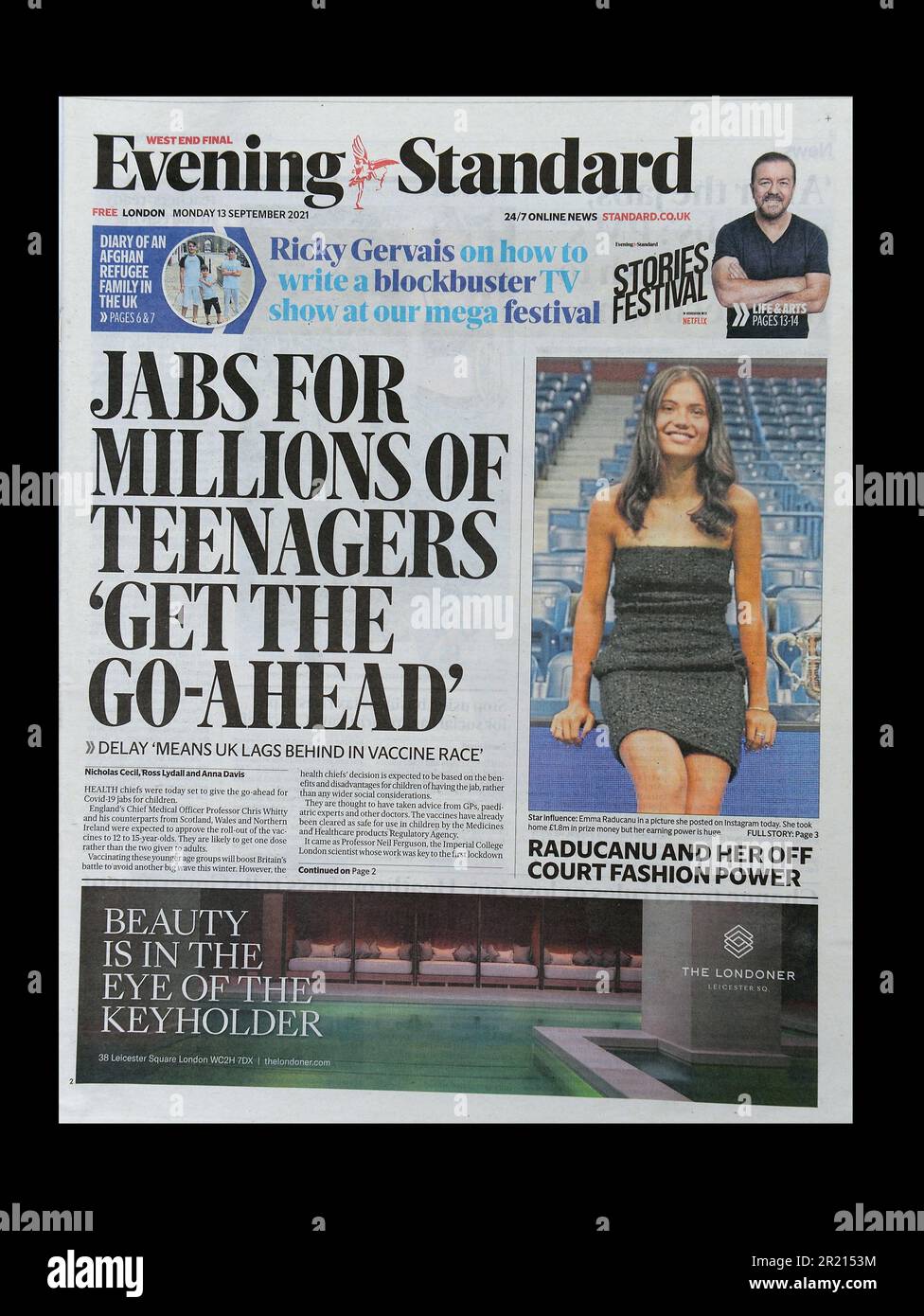 Lo standard serale di lunedì 13th settembre 2021 riporta l'approvazione prevista per l'introduzione di jab per i bambini da 12 a 15 anni in mezzo alla pandemia di coronavirus COVID-19. Foto Stock