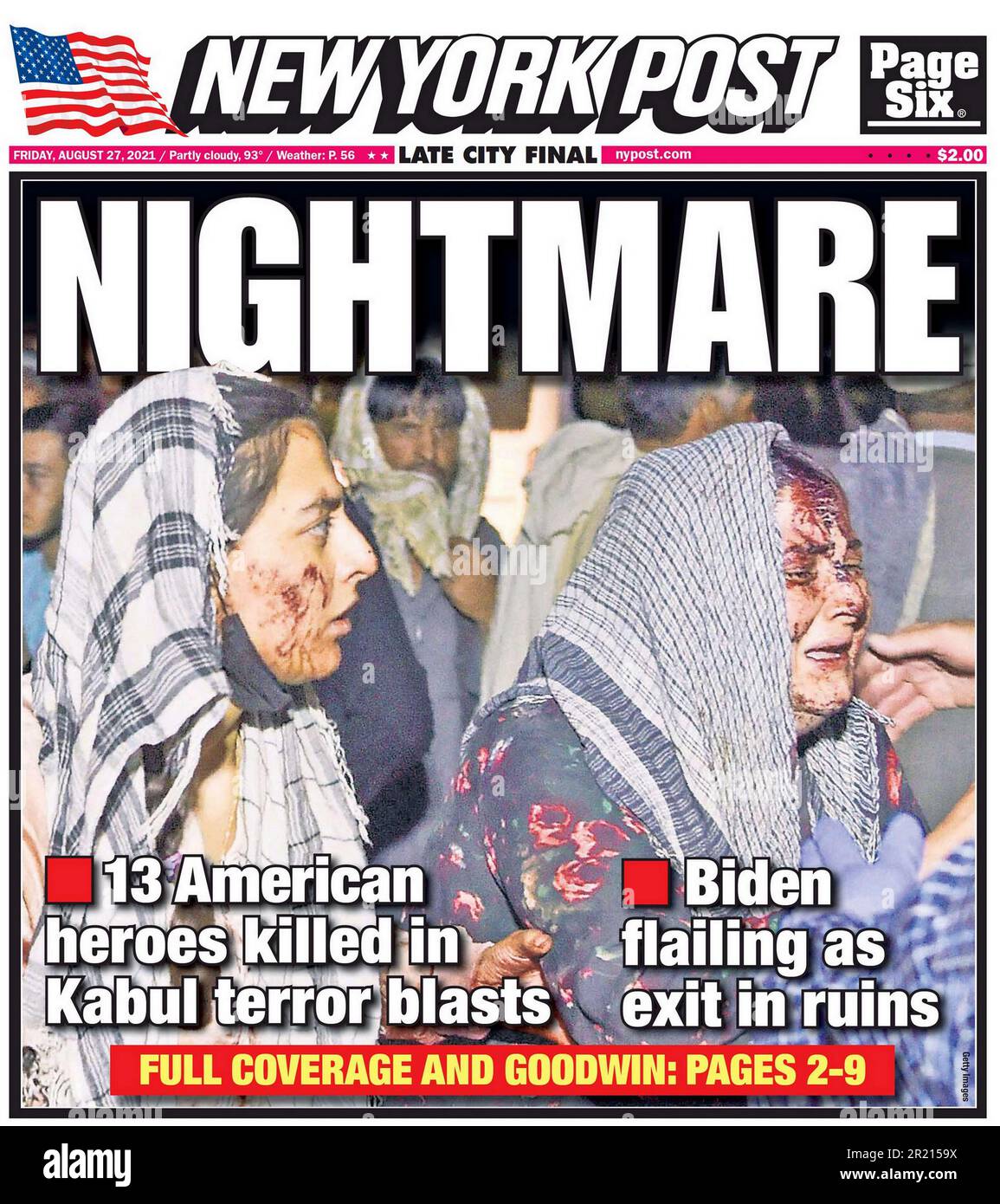 Giornale New York Post Headline (USA), evacuazione dall'Afghanistan. 27th agosto 2021. Evacuazioni su larga scala di cittadini stranieri e di alcuni vulnerabili cittadini afghani si sono svolte in mezzo al ritiro delle forze USA e NATO alla fine della guerra del 2001-2021 in Afghanistan. I talebani presero il controllo di Kabul e proclamarono la vittoria il 15 agosto 2021, e la Repubblica islamica dell'Afghanistan sostenuta dalla NATO crollò. Con i talebani che controllano l'intera città, ad eccezione dell'aeroporto internazionale Hamid Karzai, Foto Stock