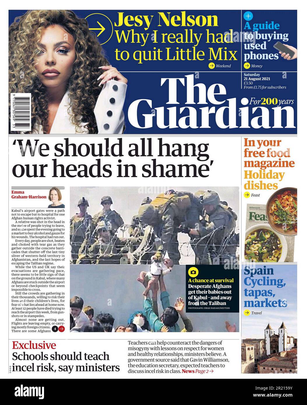 Titolo del quotidiano Guardian (britannico), evacuazione dall'Afghanistan. 21st agosto 2021. Evacuazioni su larga scala di cittadini stranieri e di alcuni vulnerabili cittadini afghani si sono svolte in mezzo al ritiro delle forze USA e NATO alla fine della guerra del 2001-2021 in Afghanistan. I talebani presero il controllo di Kabul e proclamarono la vittoria il 15 agosto 2021, e la Repubblica islamica dell'Afghanistan sostenuta dalla NATO crollò. Con i talebani che controllano l'intera città, ad eccezione dell'aeroporto internazionale Hamid Karzai, Foto Stock