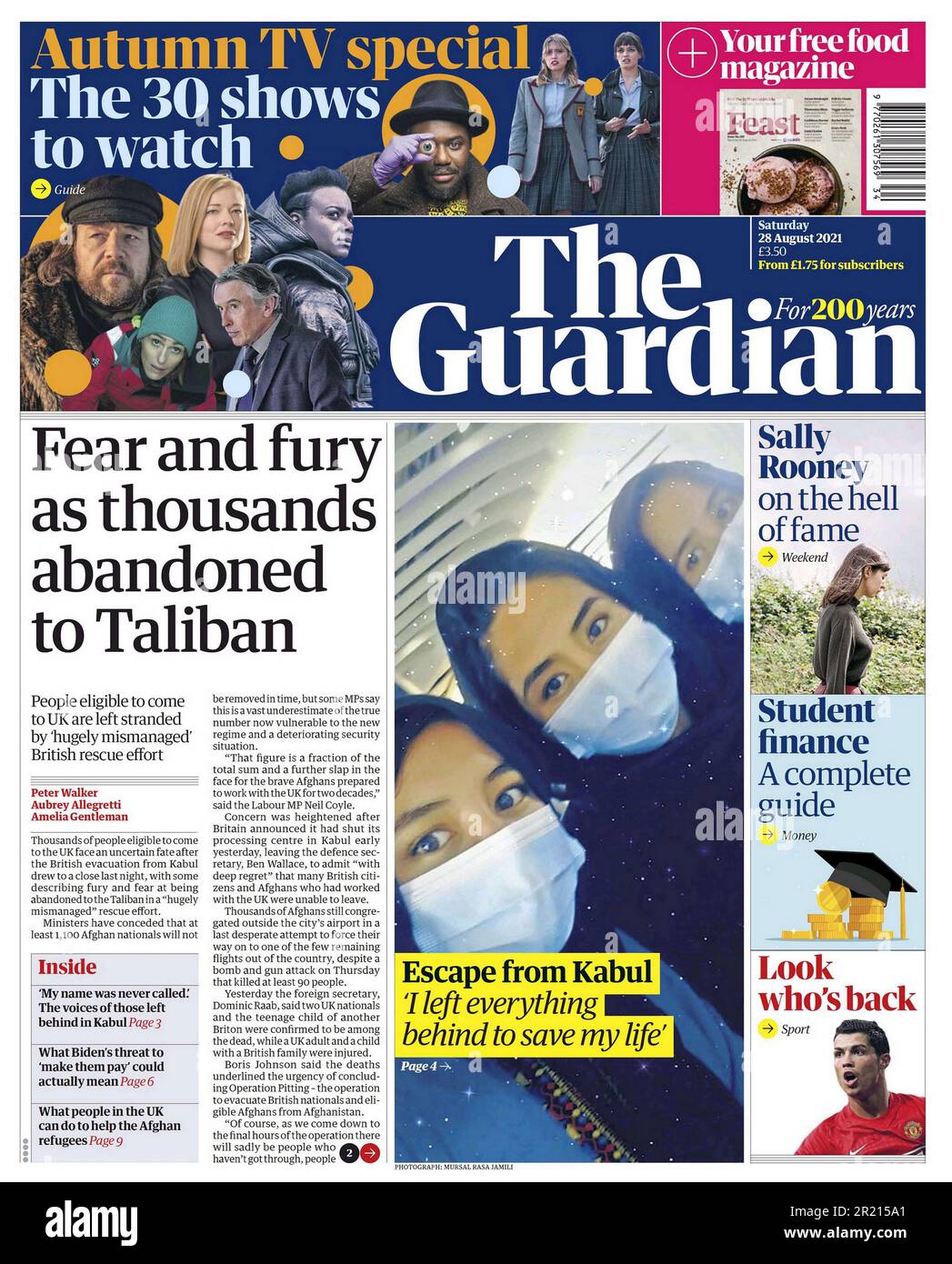 Titolo del quotidiano Guardian (britannico), evacuazione dall'Afghanistan. 28th agosto 2021. Evacuazioni su larga scala di cittadini stranieri e di alcuni vulnerabili cittadini afghani si sono svolte in mezzo al ritiro delle forze USA e NATO alla fine della guerra del 2001-2021 in Afghanistan. I talebani presero il controllo di Kabul e proclamarono la vittoria il 15 agosto 2021, e la Repubblica islamica dell'Afghanistan sostenuta dalla NATO crollò. Con i talebani che controllano l'intera città, ad eccezione dell'aeroporto internazionale Hamid Karzai, Foto Stock