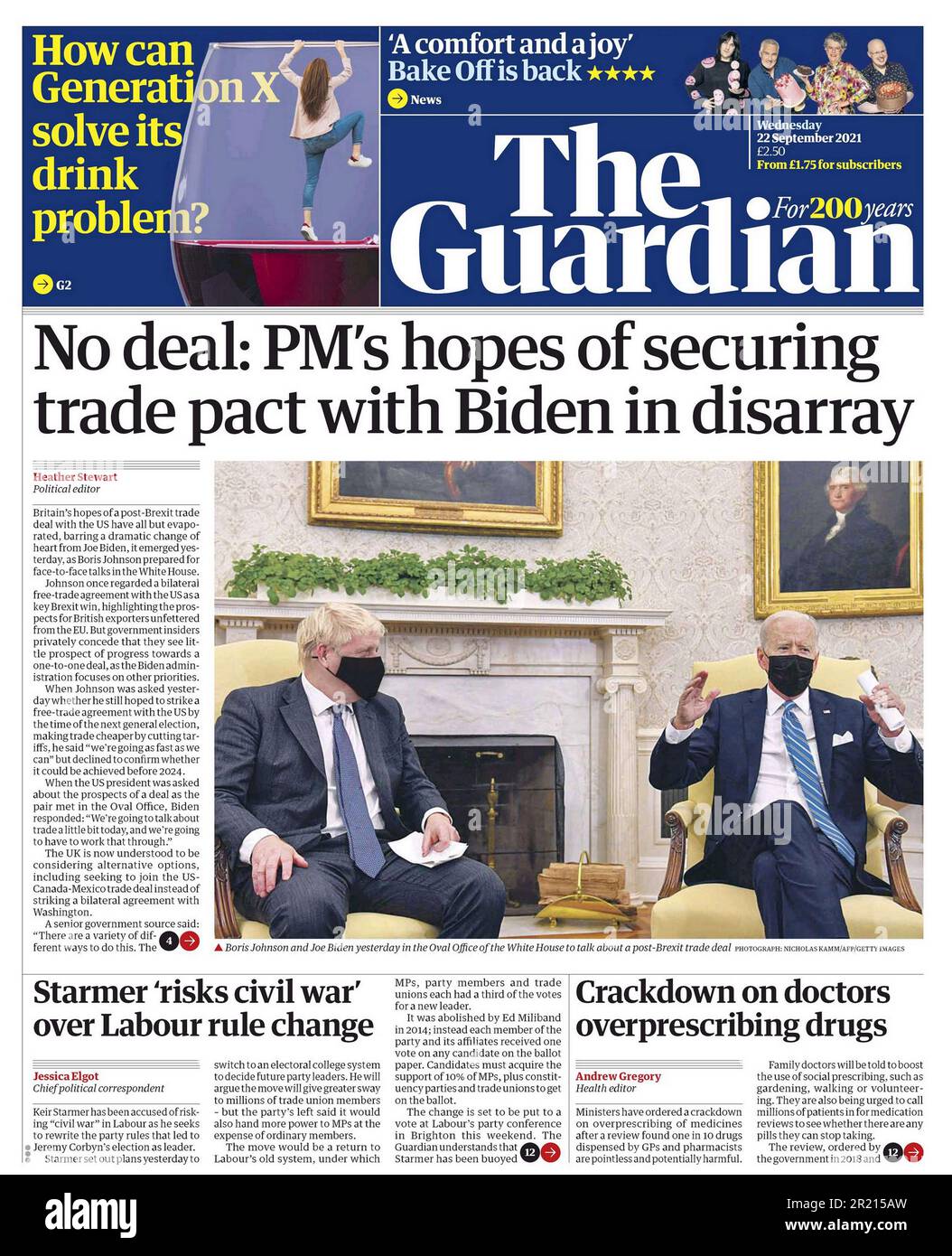 Guardian Newspaper Headline (British), patto commerciale tra Stati Uniti e Regno Unito in disordine mentre il presidente Biden incontra il primo ministro Johnson alla Casa Bianca, settembre 2021 Foto Stock