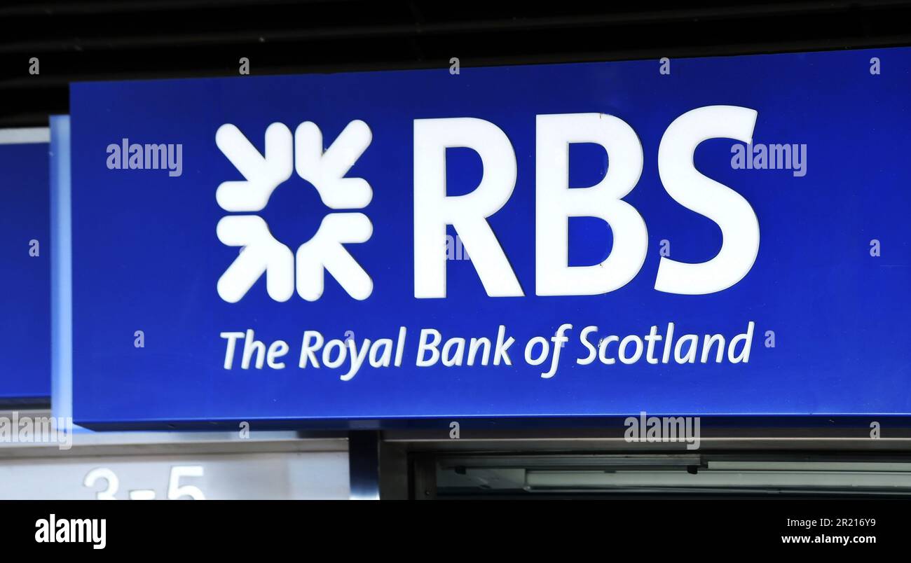 Royal Bank of Scotland, comunemente abbreviata come RBS. È una delle filiali di retail banking della Royal Bank of Scotland Group plc Foto Stock