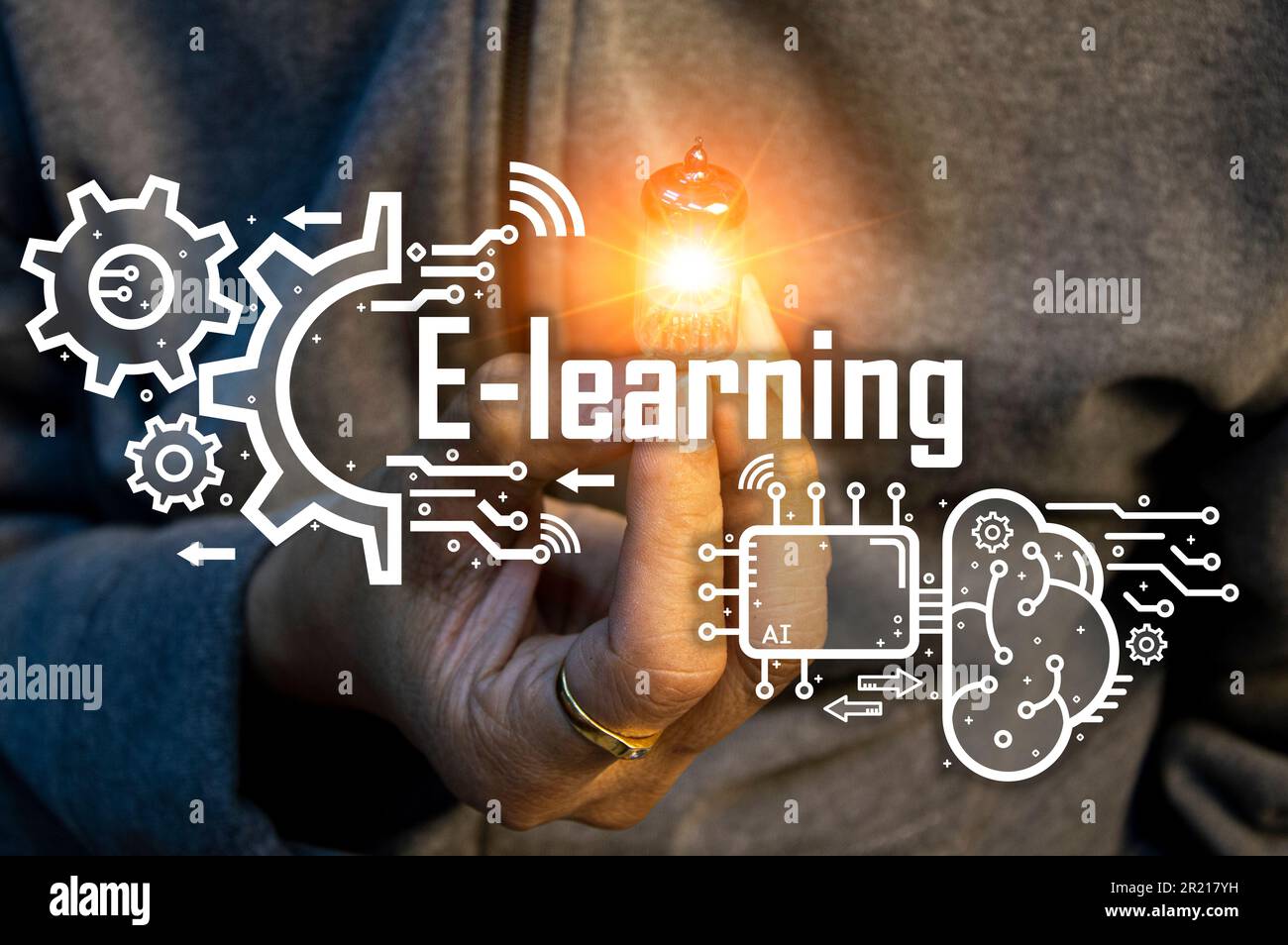 Concetto di e-Learning, un sistema di gestione dell'apprendimento attraverso una rete (Learning Management System) con un'enfasi sugli studenti come centro. In teac Foto Stock