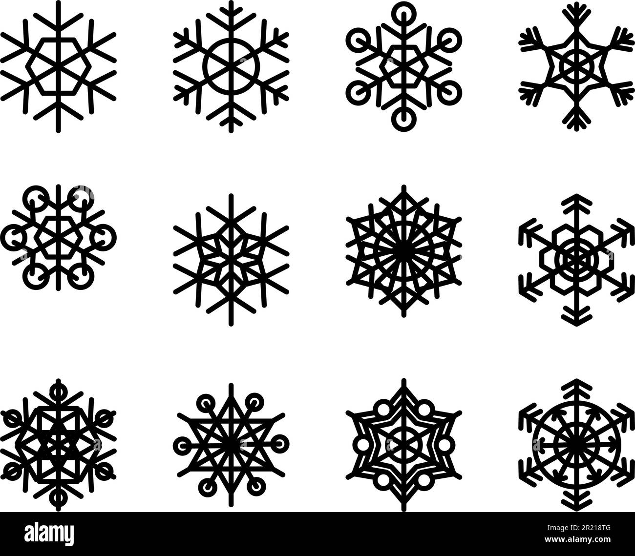 Fiocco di neve stagione invernale decorazione vettore. Fiocco di cristallo di neve collezione in diverse forme, inverno tempo nevoso. Surgelati naturali di stagione Illustrazione Vettoriale