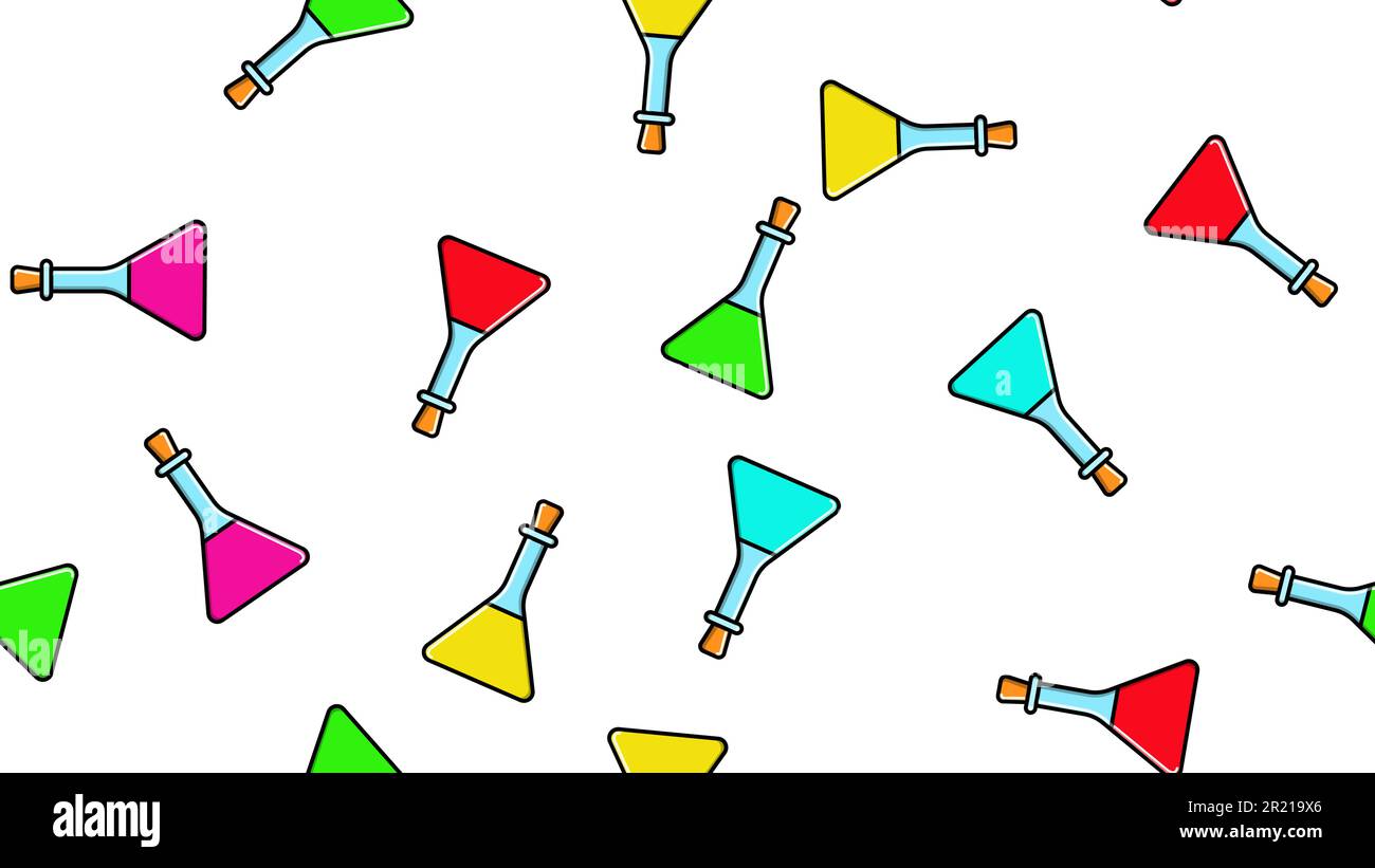 Struttura senza cuciture di infinite ripetizioni triangolari multicolore medico chimica vetro provette per analisi scientifiche di matracci lattine su sfondo bianco Illustrazione Vettoriale