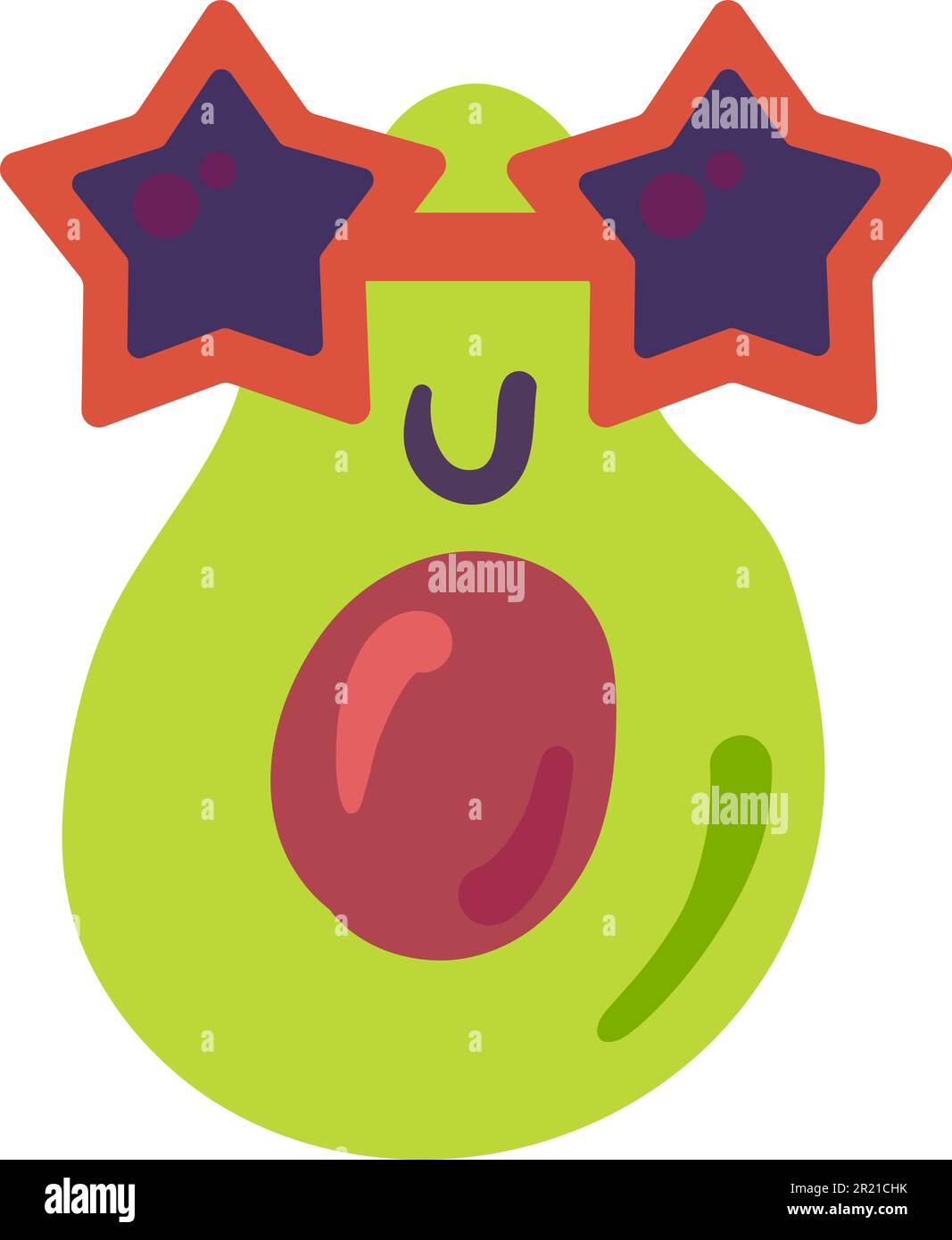 Avocado pianta emoji divertente vettore di espressione felice. Sorridente, allegro e gioioso cibo vitaminico faccia in stile occhiali da sole a forma di stella. Comico nutrit fortunato Illustrazione Vettoriale