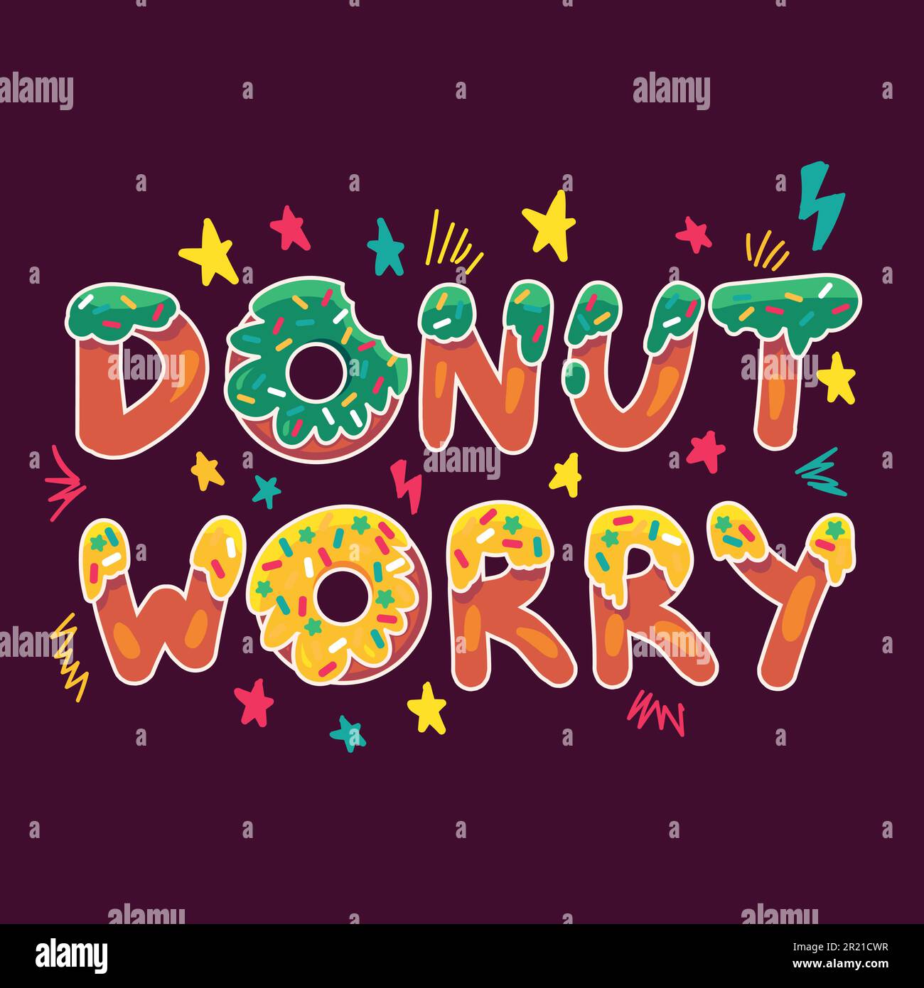 Donut preoccupazione essere felice carino stampa vettore. Le parole motivazionali della frase nei biscotti modellano l'alimento con le stelle squisite della crema decorano. Ispirazione colorata Illustrazione Vettoriale