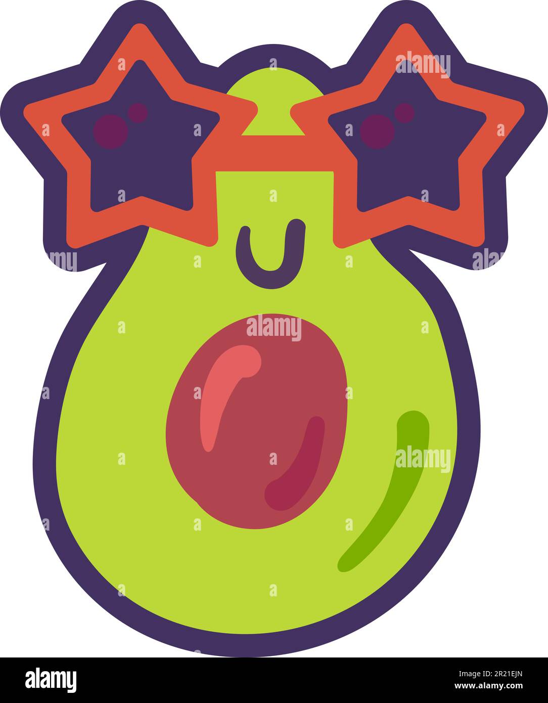 Avocado pianta emoji divertente vettore di espressione felice. Sorridente, allegro e gioioso cibo vitaminico faccia in stile occhiali da sole a forma di stella. Comico nutrit fortunato Illustrazione Vettoriale