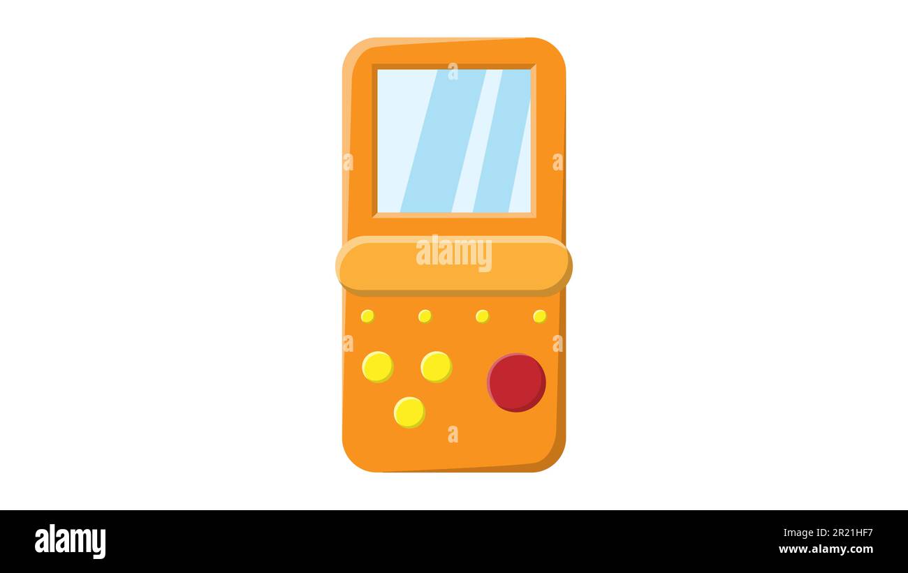Vecchia console di gioco portatile hipster retro vintage con schermo e pulsanti, tetris dal 70s, 80s, 90s. Icona gialla. Illustrazione vettoriale. Illustrazione Vettoriale