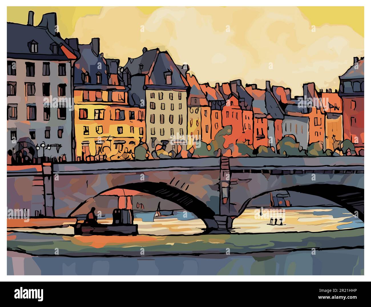Originale rappresentazione colorata di Pont Neuf e la Senna a Parigi, Francia - illustrazione vettoriale (ideale per la stampa, poster o carta da parati, hou Illustrazione Vettoriale