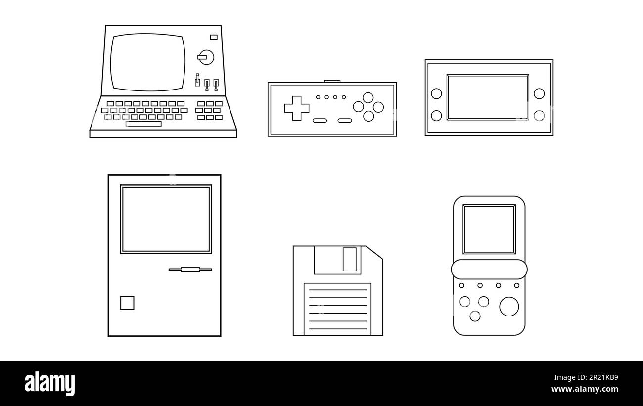 Set di nero e bianco vecchio retro tecnologia hipster elettronica computer, pc, floppy disk, console di gioco portatile video giochi da 70s, Illustrazione Vettoriale