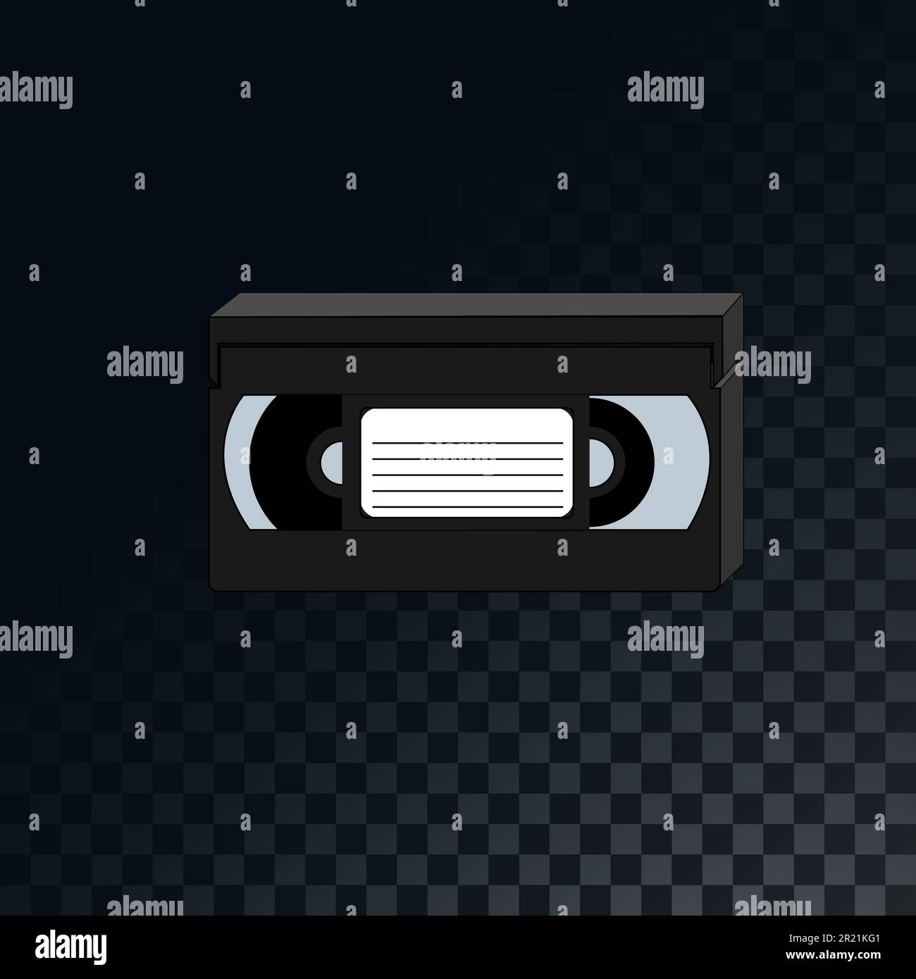 Una vecchia videocassetta analogica retrò d'epoca degli anni '70s, '80s, '90s su uno sfondo grigio scuro traslucido quadrato di quadrati. Illustrazione vettoriale. Illustrazione Vettoriale