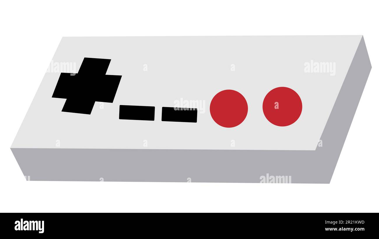 Pannello manipolatore grigio vecchio retrò antico hipster joystick vintage degli anni '80, '90 con pulsanti rossi e neri per una console di gioco per videogiochi Illustrazione Vettoriale