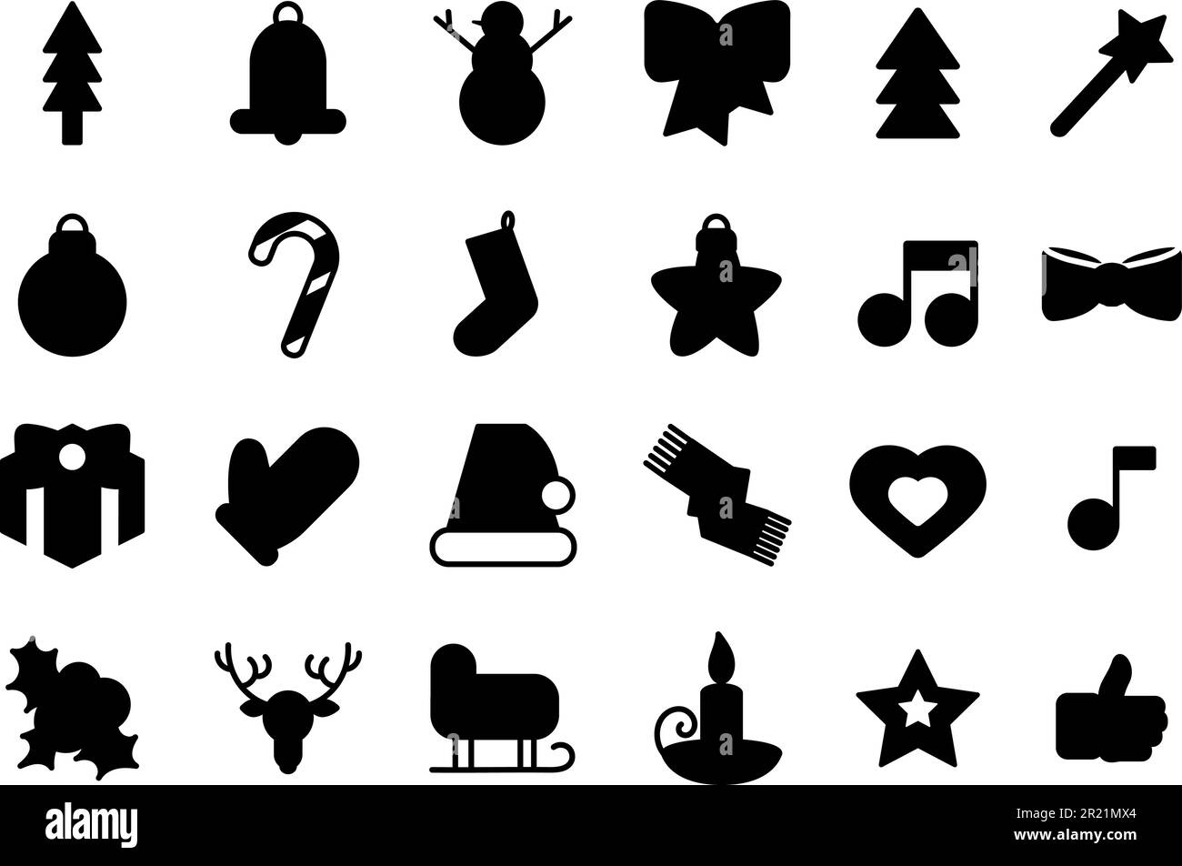 Set di silhouette decorativo di Natale e Capodanno. Palla di neve e abete, cappello e slitta di babbo natale, candela e stella bruciante, campana e arco, giocattolo di Natale Illustrazione Vettoriale