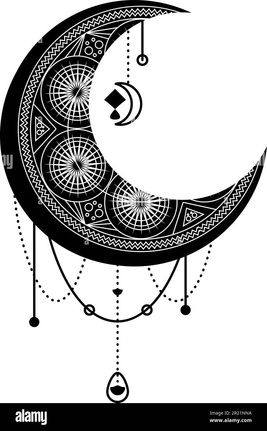 Luna nera, simbolo di mezzaluna con ornamento decorativo. Simbolo mistico in stile boho. Magic spa, manicure, gioielli elemento negozio. Isolo segno vettore sacro Illustrazione Vettoriale