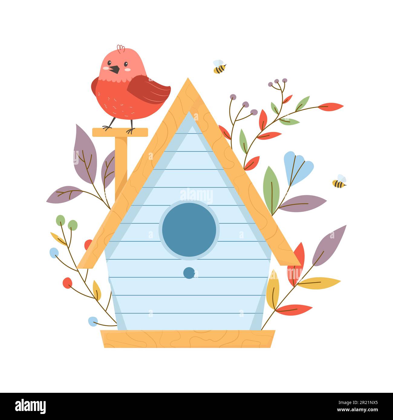 Birdhouse in legno colorato con piccoli uccelli. Illustrazione Vettoriale