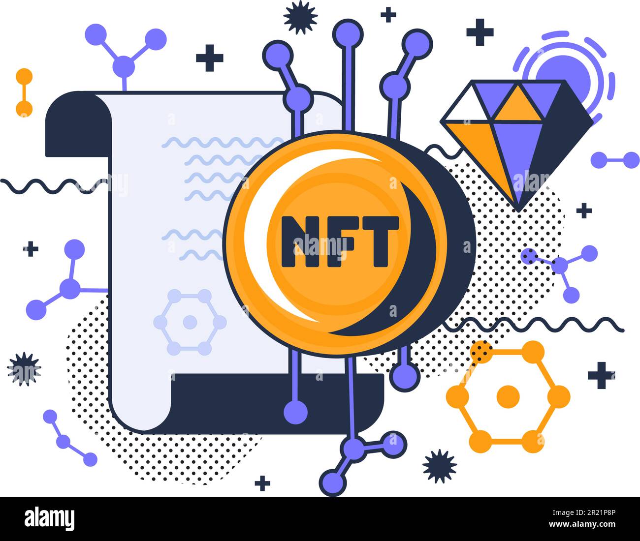 Certificato NFT criptato venduto e vettore commerciale. Gioielli di diamante gemstone e carta lista con le informazioni di criptovaluta. Innovazione comunicazione elettronica Illustrazione Vettoriale