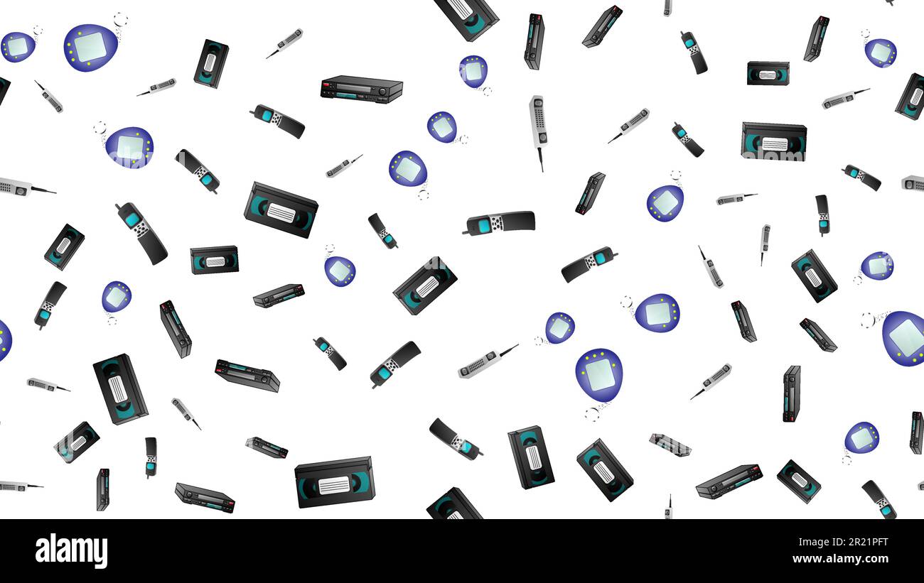 Modello senza cuciture di retro vecchio dispositivi elettronici tecnologia computer cassette registratori a nastro telefoni cellulari dal 70s, 80s, 90s, 2000s in poi Illustrazione Vettoriale