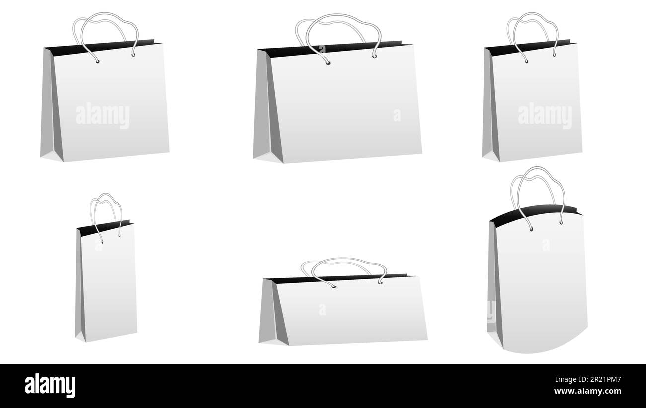 Un set di sei sacche di carta bianca realistiche per acquisti di forme e dimensioni diverse con maniglie in corda su sfondo bianco e spazio di copia. VECTO Illustrazione Vettoriale