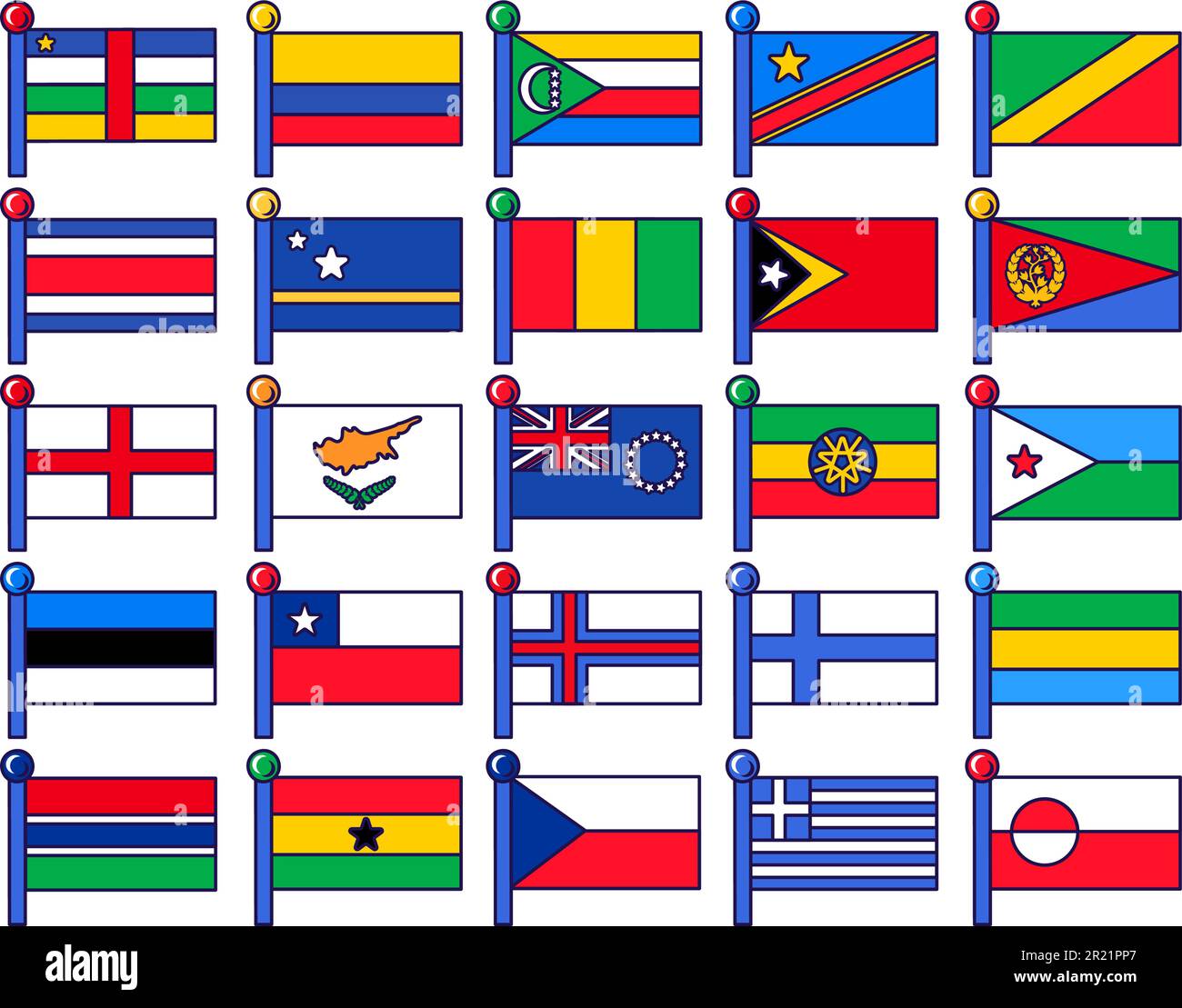 Bandiera del paese sul vettore di set per la raccolta dei flagpole. Groenlandia e grecia, ghana e gabon, finlandia ed etiopia simbolo nazionale di libertà. Territorio trad Illustrazione Vettoriale